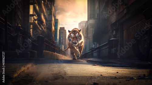 large Siberian tiger runs through the buildings