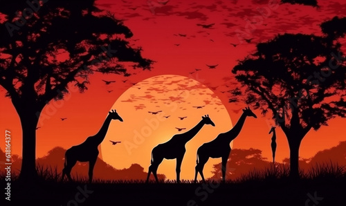 elephant wild safari africa nature giraffe animal silhouette wildlife sunset. Generative AI.