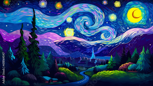 Hand drawn cartoon beautiful illustration of starry sky landscape  © 俊后生