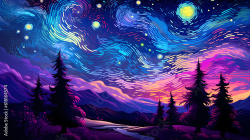 Hand drawn cartoon beautiful illustration of starry sky landscape 