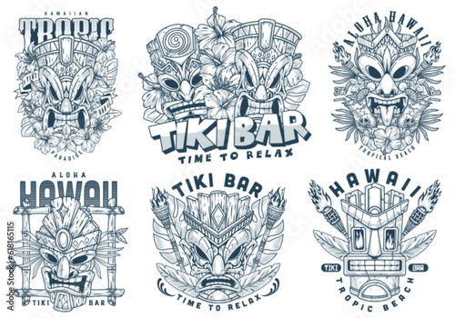 Tiki masks set logotypes monochrome