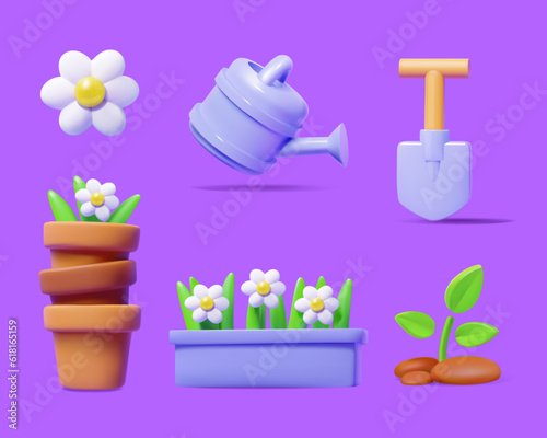 Set of 3D gardening-themed objects. Flower, pot of plants, shovel and sprout isolated on a purple background.
