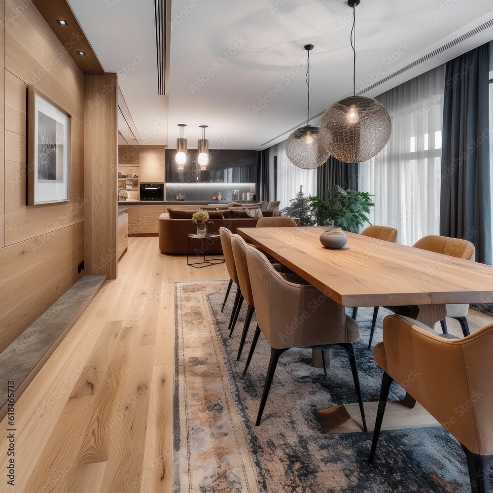 Stylish and modern dining room of luxurious house. interior design 3d render illustration Stylish and modern dining room of luxurious house. interior design 3d render illustration