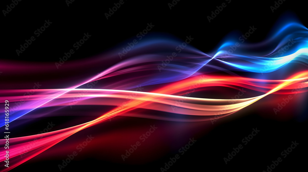Fototapeta premium Colorful light trails with motion effect. Illustration of high speed light effect on black background. Velocity pattern for banner design