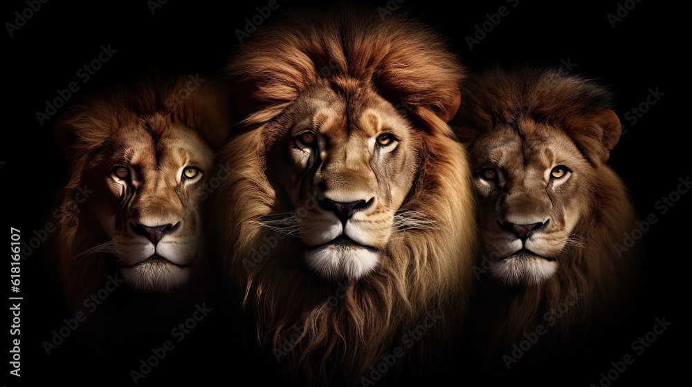 Fototapeta premium portrait of three adult lions close-up on a black background, ultra realism. Animal king closeup. Generative AI