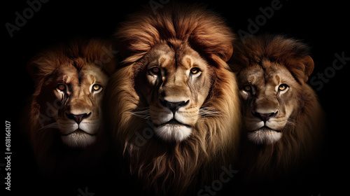 portrait of three adult lions close-up on a black background  ultra realism. Animal king closeup. Generative AI