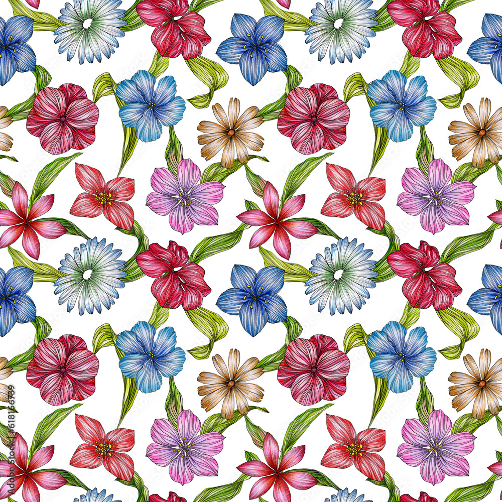 Bright seamless pattern with colorful flowers Bright seamless pattern with colorful flowers