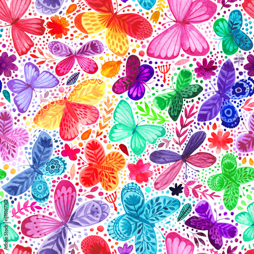Seamless pattern with watercolor flowers and butterflies. Freehand drawing, rainbow colors pattern. Decorative wallpaper design (ID: 618167162)