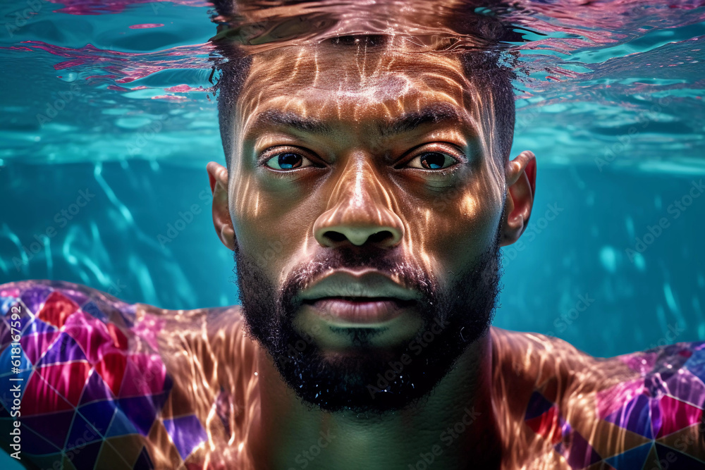 Dark skinned man underwater with abstract tattoos, surrounded by water, Generative AI.