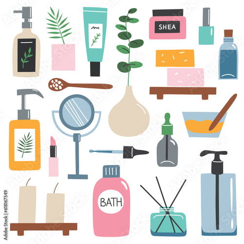 Skincare hand drawn collection, doodle icons of beauty products and tools, vector illustrations of dispensers, bottles with serum, lotion, face cream and homemade soap, organic skin care