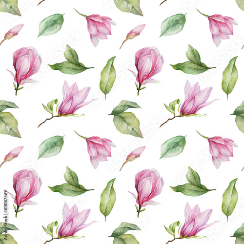 Seamless pattern with pink magnolia flowers on white background
