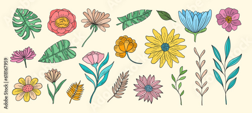 Groovy flowers vector set. Hippie floral elements. 70s groovy hippie nature clipart. Retro groovy stickers. Psychedelic funky 60s 70s doodles. Set of retro cartoon flower stickers.