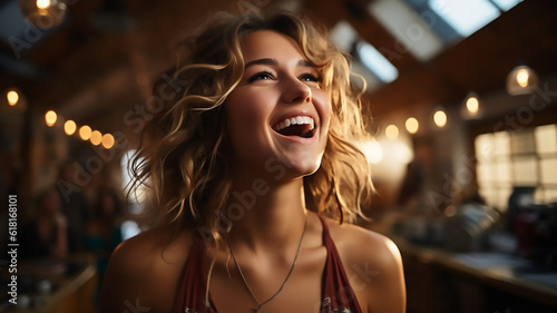 One young beautiful woman happy smile at home indoor portrait close up