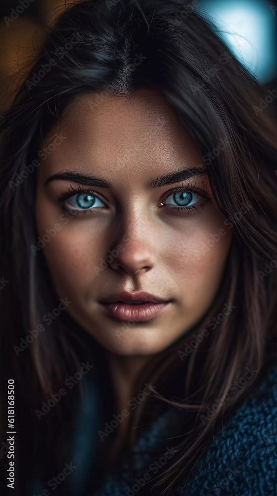 Brunette Sophistication: Close-up Shoot with a Graceful Young Woman, Generative AI. Brunette Sophistication: Close-up Shoot with a Graceful Young Woman, Generative AI.