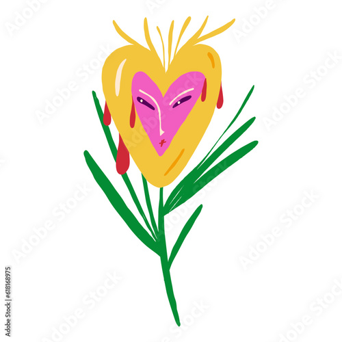 A strange fairy-tale pink flower with an indignant face. Vector illustration