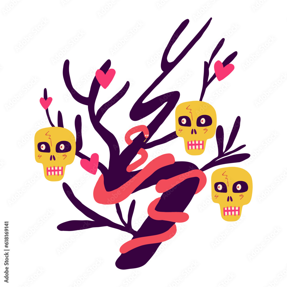 a tree with skulls and snakes and hearts. Halloween trendy illustration in modern hand drawn style