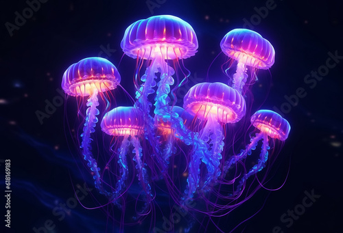 Neon jellyfish glows in the sea