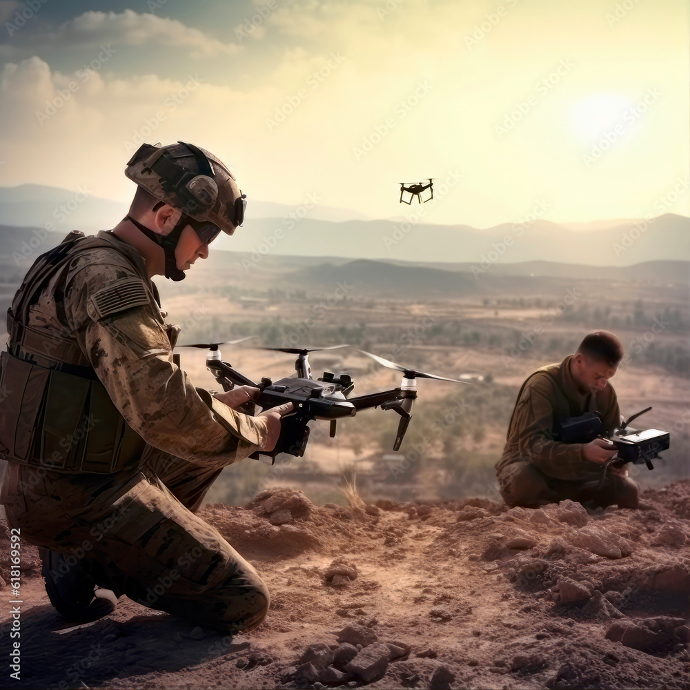 soldiers working with drone at a warzone