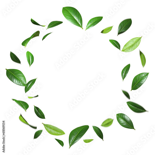 Canvastavla Realistic leafs flying movement swirl around circles cutout backgrounds 3d rende
