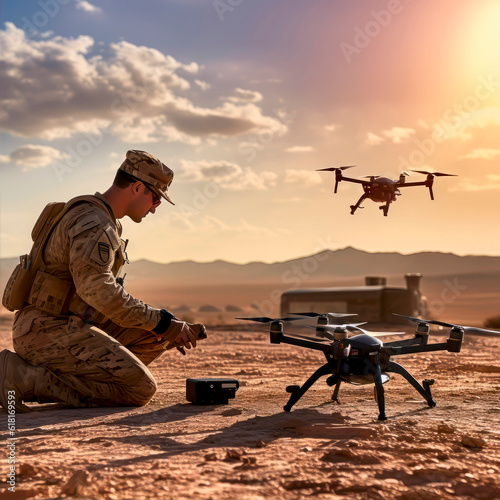 soldiers working with drone at a warzone