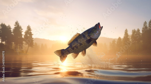 black bass (Micropterus salmoides) jumping from the water in a high mountain lake photo