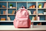 Pink school backpack on the background of bookshelves in the classroom. Back to school concept. Generative AI