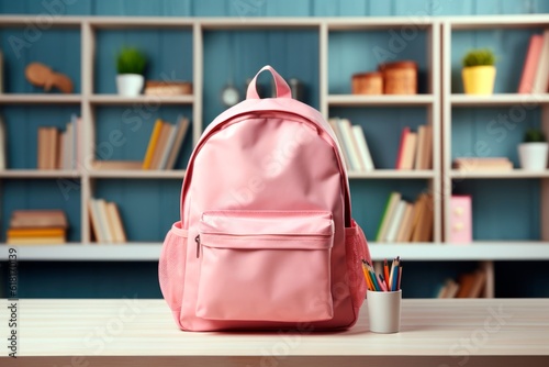 Pink school backpack on the background of bookshelves in the classroom. Back to school concept. Generative AI