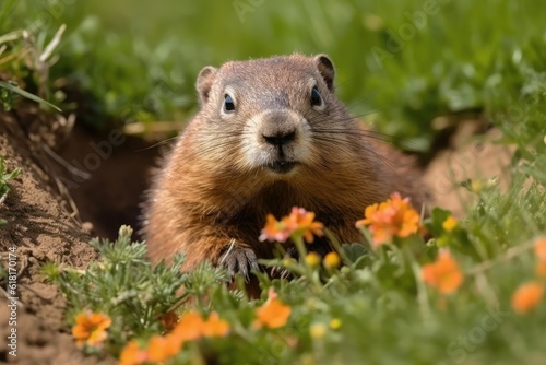 marmot in the grass with some flowers
