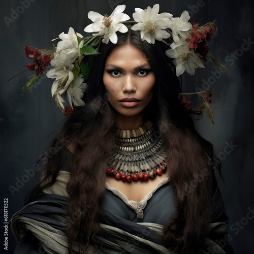 portrait of a beautiful Native American woman against dark background
