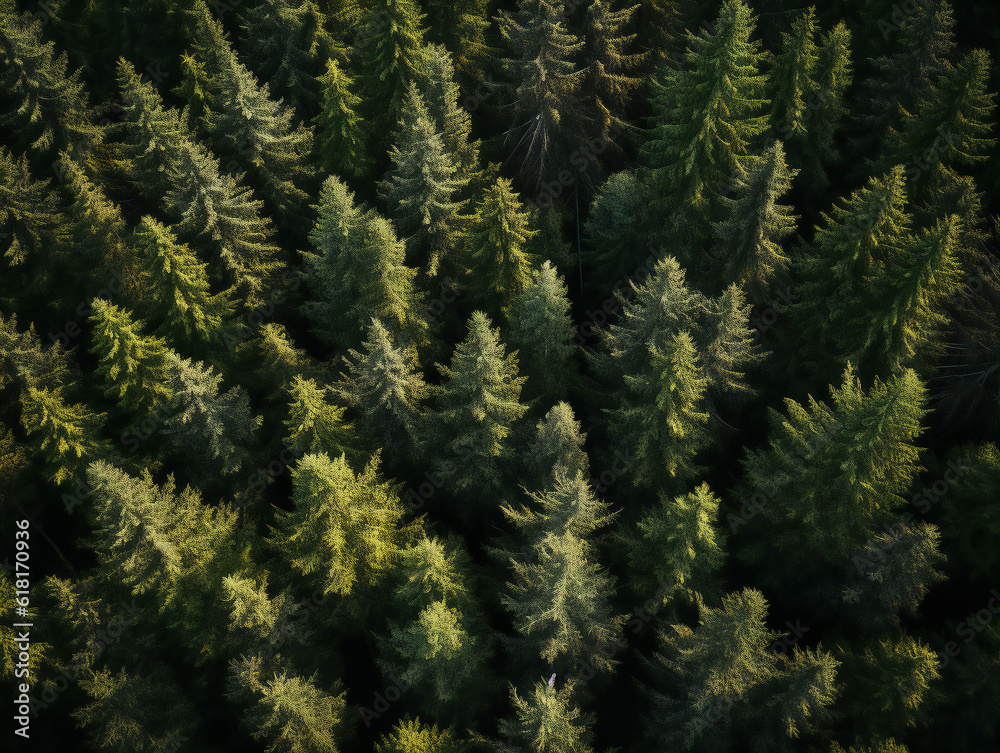 Aerial view of a green boreal forest filled with spruce trees