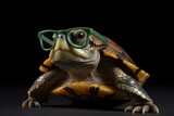 tortoise with glasses on black background