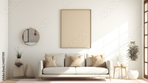 Stylish Living Room Interior with Mockup Frame Poster, Modern interior design, 3D render, 3D illustration