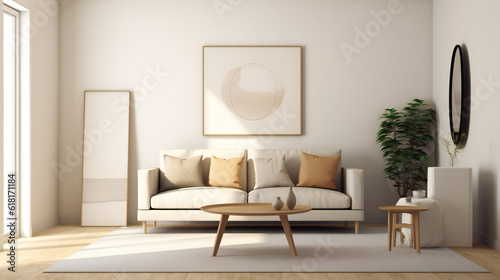 Stylish Living Room Interior with Mockup Frame Poster  Modern interior design  3D render  3D illustration