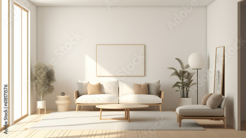 Stylish Living Room Interior with Mockup Frame Poster, Modern interior design, 3D render, 3D illustration © Roman P.