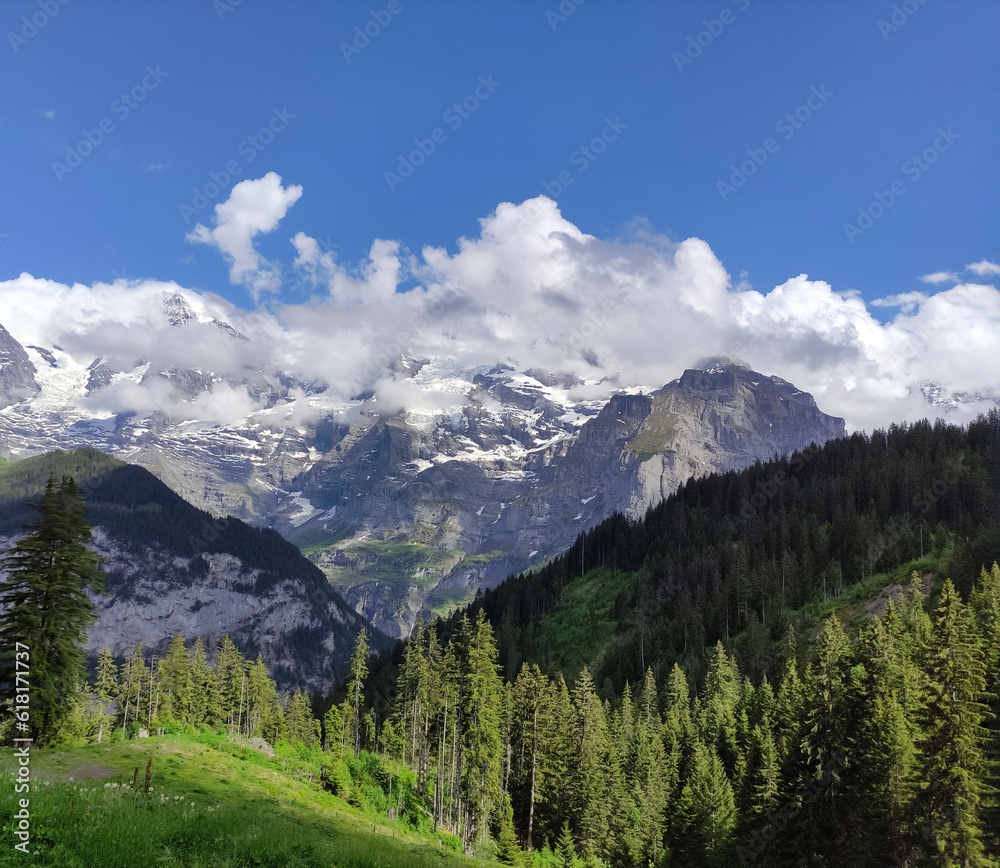 A view on the Berner Oberland, Switzerland. Mountain peaks, clouds, blue sky, sunny day. Forest in the montains. Pines. Alps, alpine rocks, remaining snow, ice. Glacier. Jungfrau region.