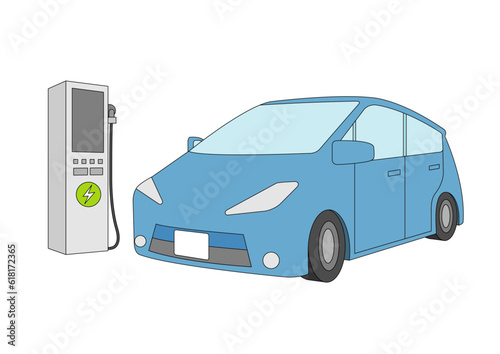 青い電気自動車と充電スタンドのイラスト_1_主線あり
