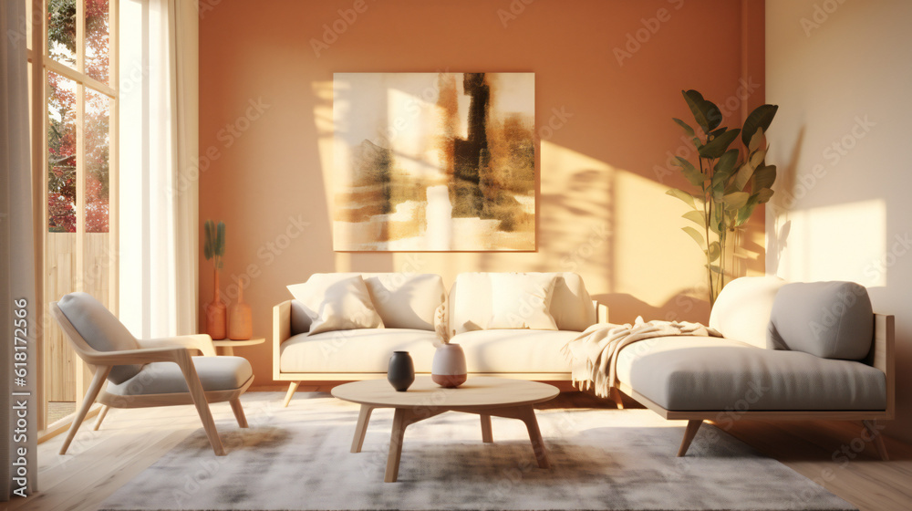 Fototapeta premium Stylish Living Room Interior with an Abstract Frame Poster, Modern interior design, 3D render, 3D illustration