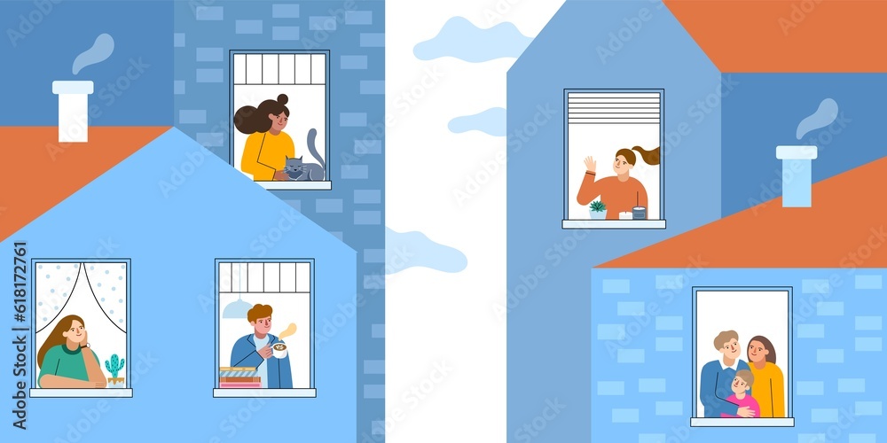 Funny people in windows. Cartoon neighbors of different houses, residential buildings, people look out into street, vector illustration