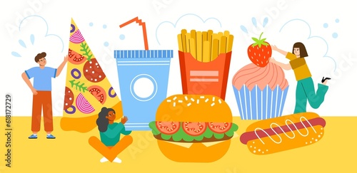 Cute people eat fast food. Cartoon flat men and women with large pizza, burger, hot dog and cupcake, unhealthy products, vector illustration