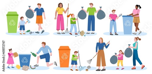 Adults and children collect garbage. Recycling and sorting, cartoon people put waste in containers, environment and ecology care, vector set