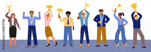 Funny business people hold awards. Golden and silver cups, happy triumphants, joyful office team, winners employees characters, vector set