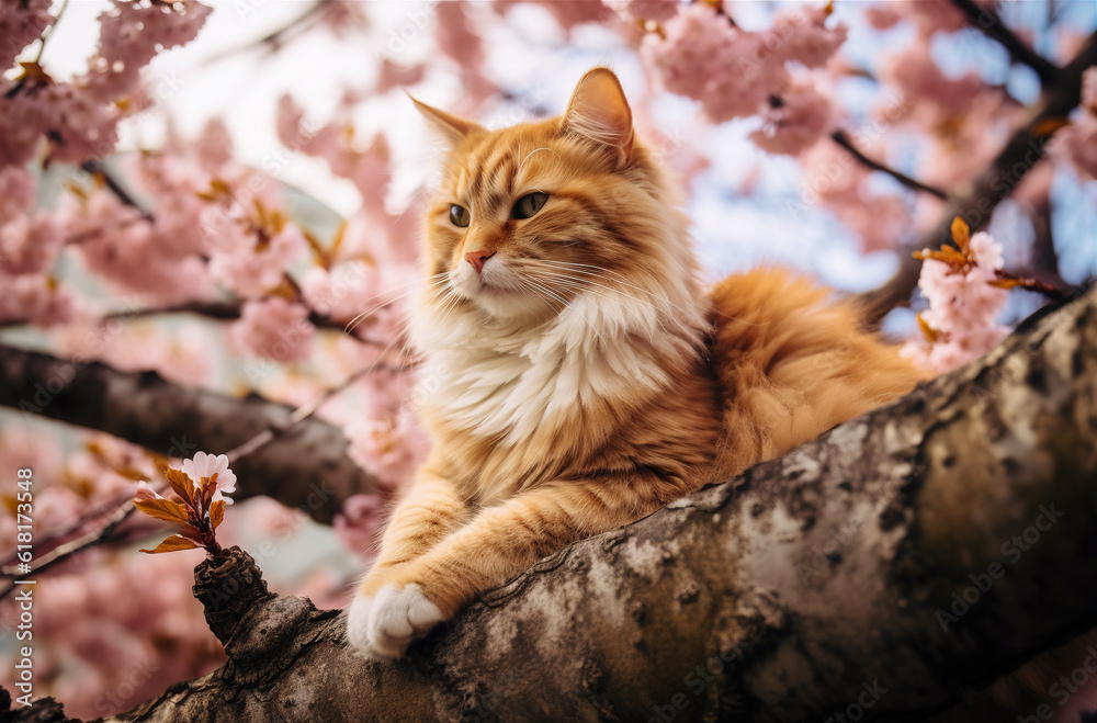 Fluffy cat sitting on the cherry tree with pink flowers in full bloom Fluffy cat sitting on the cherry tree with pink flowers in full bloom