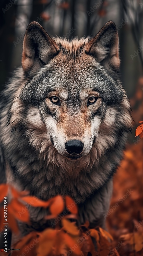 Fototapeta premium Grey wolf (canis lupus) or timber wolf in wooded autumn surroundings. looking at the camera