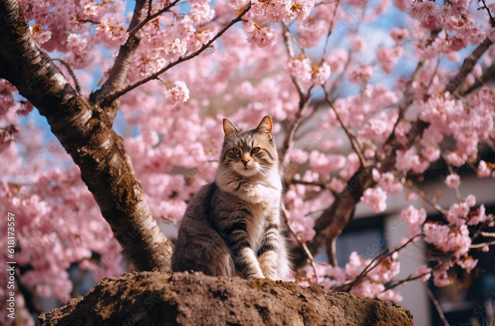 Fluffy cat sitting on the cherry tree with pink flowers in full bloom