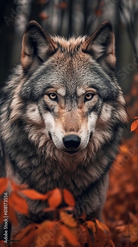 Grey wolf (canis lupus) or timber wolf in wooded autumn surroundings. looking at the camera