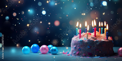 Geburtstagstorte mit Kerzen und viele Luftballons im Lichter Bokeh als Druckvorlage, ai generativ