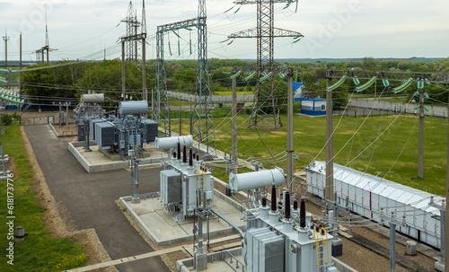 Top view industrial electrical substation,