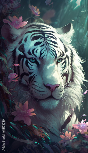 Mesmerizing White Tiger King Magic Fantasy Portrait Digital Generated Amazing Romantic Fairytale Legend Story Poster Illustration