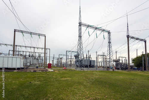 Transformers, switches, insulators: equipment used to step up or step down voltage in a high voltage power plant.