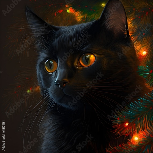black cat laser pointer christmas tree heater chin scratch realistic hyper realistic cozy 